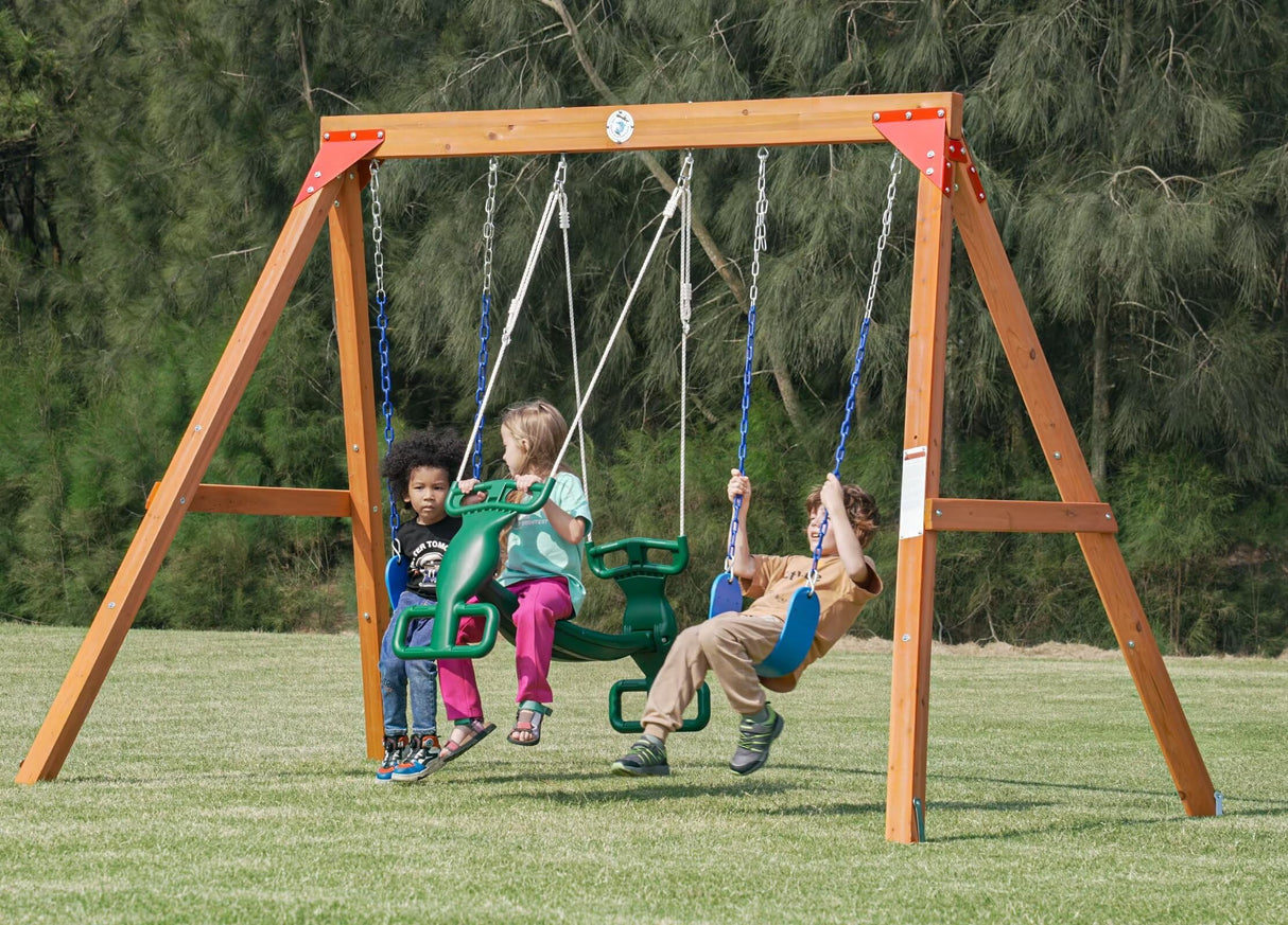 DOLPHIN PLAYGROUND T DIY Swing Sets for Backyard, Wooden Playground Sets with Glider Swing and 2 Belt Swings, Kids Outdoor Play Equipment, Outdoor Playset DOLPHIN PLAYGROUND T