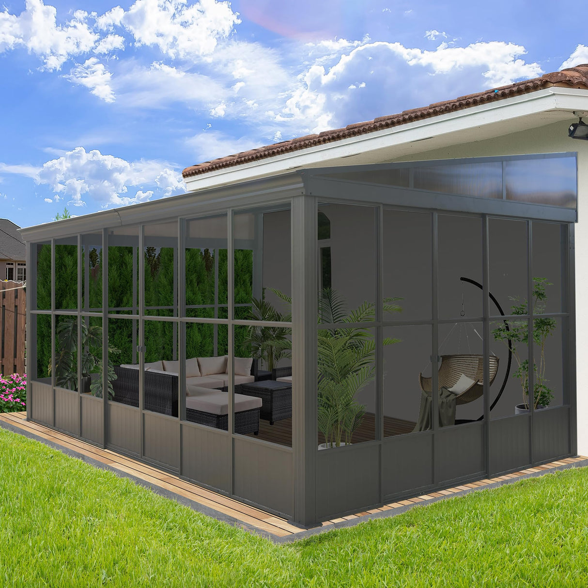 Domi 12x16FT Lean-to Sunroom, Wall Mounted Solarium with Galvanized Steel Sloping Roof, Moveable PVC Screen, Front Door&Side Sliding Door, Outdoor Permanent Gazebo Against Wall Sun Room for Patio Deck domi outdoor living