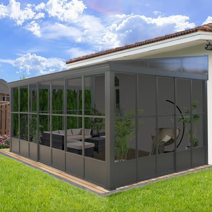 Domi 12x16FT Lean-to Sunroom, Wall Mounted Solarium with Galvanized Steel Sloping Roof, Moveable PVC Screen, Front Door&Side Sliding Door, Outdoor Permanent Gazebo Against Wall Sun Room for P - WoodArtSupply