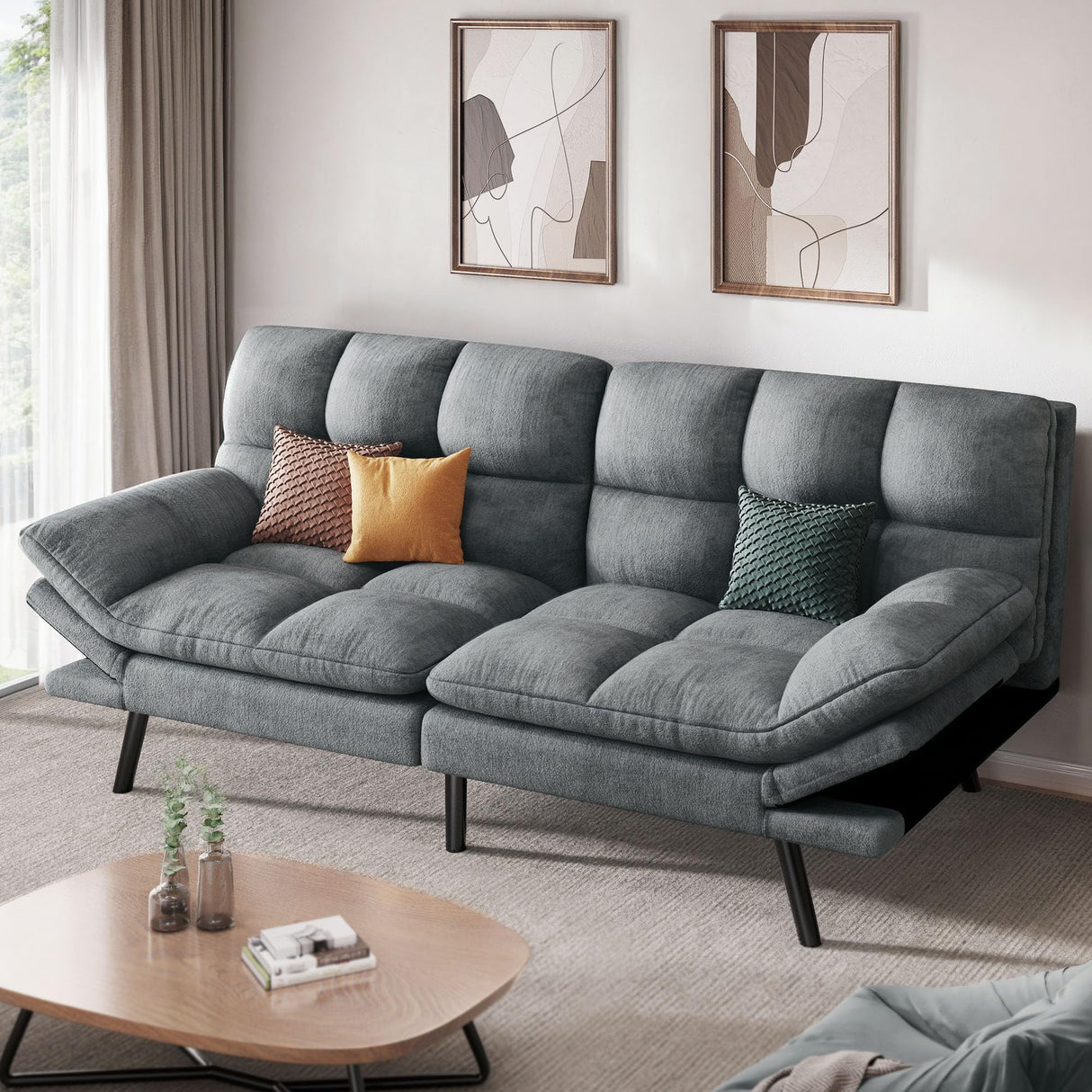 YITAHOME 70″ Convertible Futon Sofa Bed, Cat-Scratch-Proof Fabric Futon Couch with Adjustable Backrest and Armrest, Modern Loveseat Sleeper for Living Room Home Office, Dark Grey YITAHOME