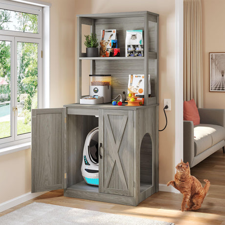 DWVO Large Hidden Litter Box Furniture with Shelves and Charging Station, Wooden Enclosure for Self-Cleaning Litter Boxes, Grey DWVO