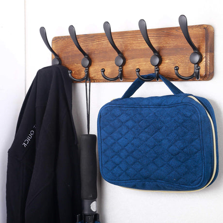 SKOLOO Rustic Wall Mounted Coat Rack: 16" Hole to Hole, Pine Real Wood Plank Wall Coat Rack with 5 Triple Hooks, Farmhouse Coat Hanger Wall Mount for Hanging Backpack Jacket Coat Hat SKOLOO