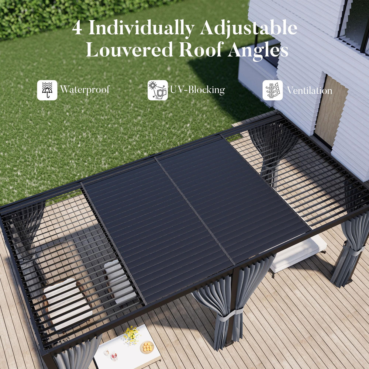 HOMPUS Louvered Pergola 10' x 20', Outdoor pergola with Aluminum Frame and Adjustable Rainproof Roof, Modern Louvre Shade for Garden & Patio, Curtains and Netting Included, Black HOMPUS