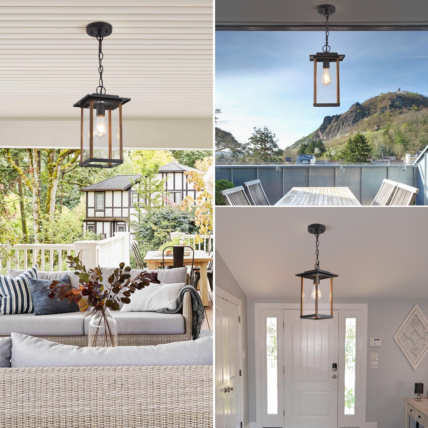 Smeike Large Outdoor Pendant Light, 14.6”H Black Exterior Hanging Lantern Wood Finish, Height Adjustable Outside Chandelier with Clear Glass for Porch, Farmhouse, House - WoodArtSupply