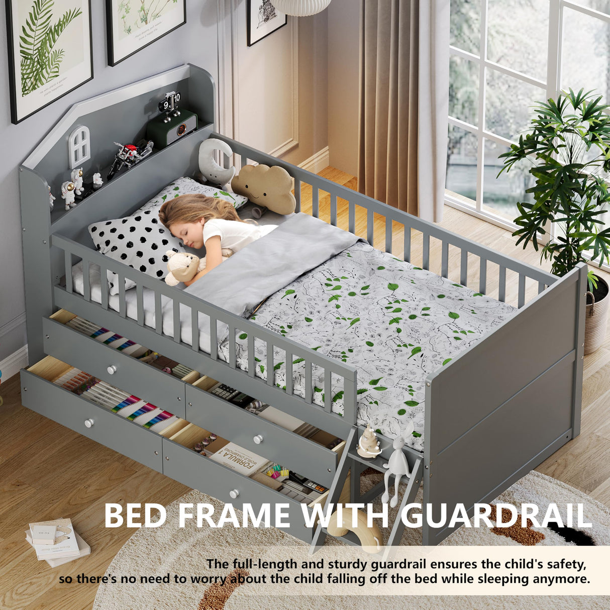 Merax Farmhouse Wood Captain Platform Bed with Storage Headboard, Twin House Bed Frame with 4 Drawers & Ladders/Space Saving/Wood Slat Support/Twin, Gray Merax