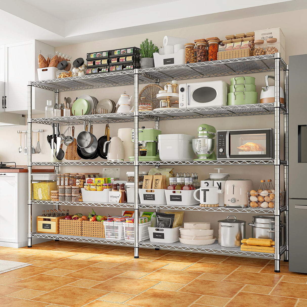 REIBII 69.8" W Storage Shelves 1510LBS Wire Shelving Unit 5 Tier Metal Shelving for Storage Rack Shelves Adjustable Heavy Duty Garage Shelf Pantry Shelves Kitchen Shelving,69.8"Wx15.8"Dx72.4"H,Chrome REIBII