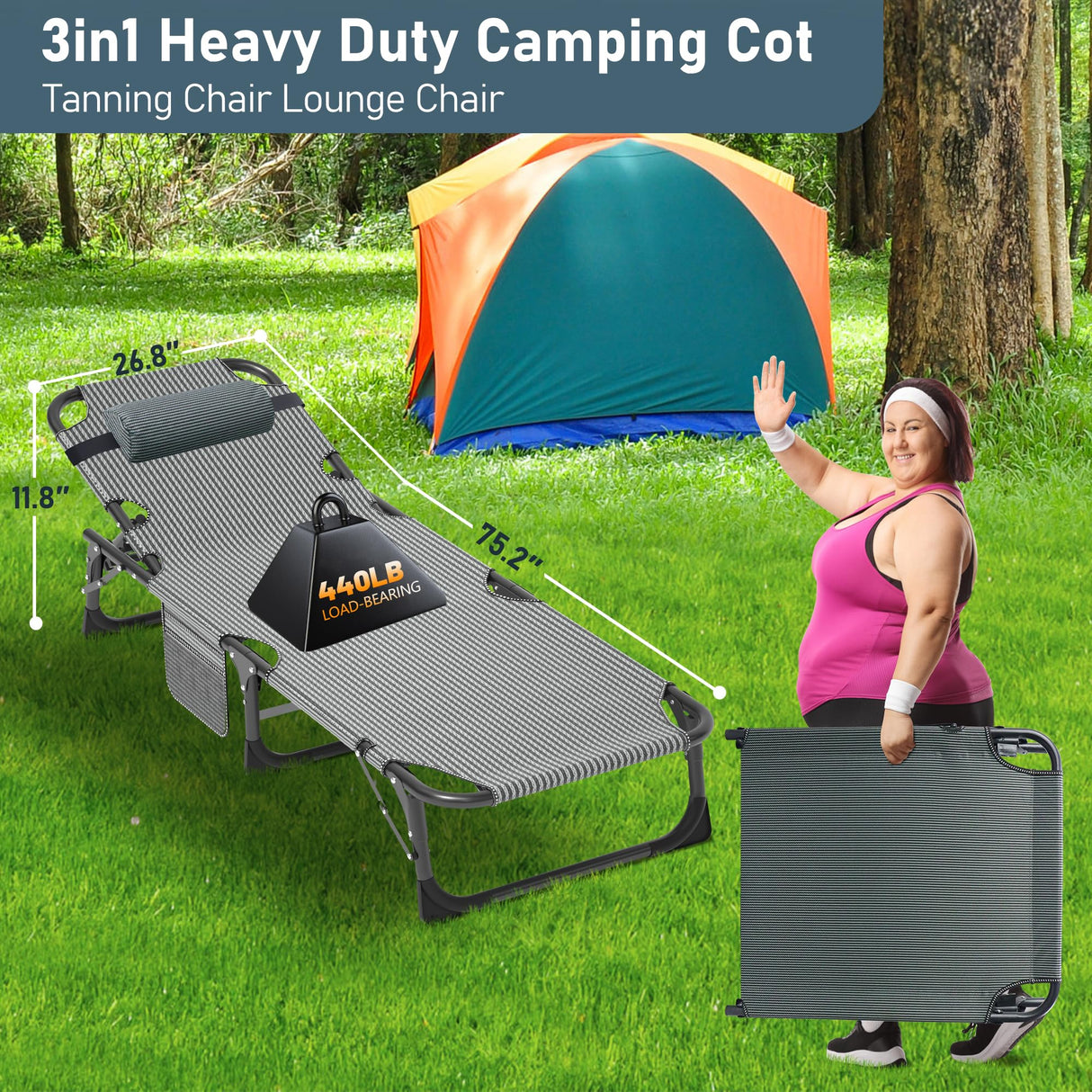 DoCred Heavy Duty Chaise Lounge Chair, Adjustable 5-Position Folding Chaise Lounge Chairs for Outside, Portable Lay Flat Beach Lounge Chair for Outdoor Sunbathing Beach Pool Lawn Camping DoCred