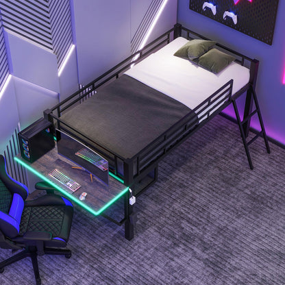 Linique Black Twin Size Gaming Loft Bed with Desk, LED Lights, and Staircase - WoodArtSupply