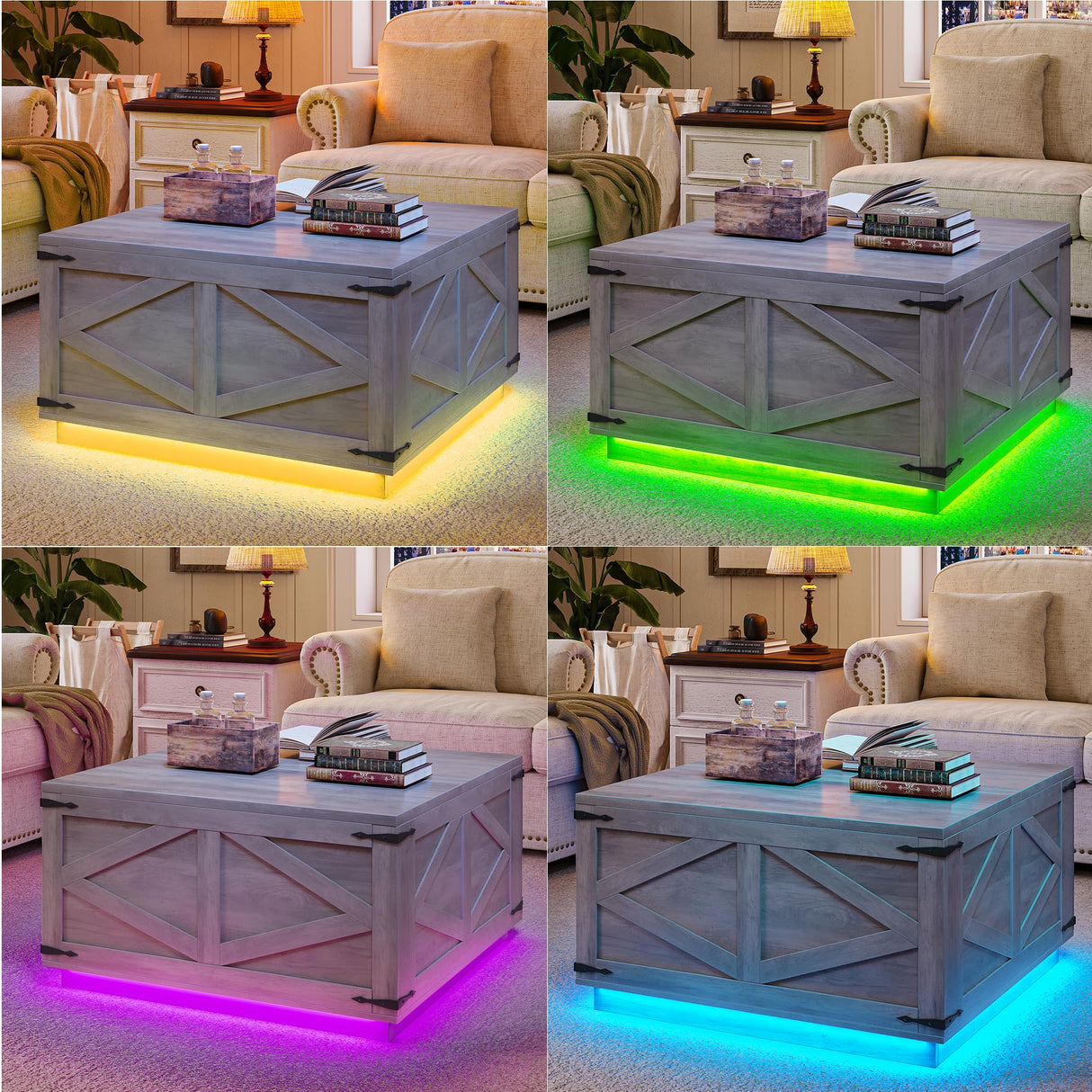Farmhouse Coffee Table with Storage, Lift Top Coffee Table Square Wood Center Table with LED Light, Charging Station and Hidden Compartment Coffee Tables Rustic Furniture for Living Room (Gray) Jocoevol