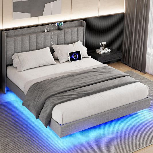 GAOMON Full Size Floating Bed Frame with LED Lighting, Charging Station, and Storage Headboard in Grey - WoodArtSupply