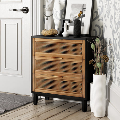 COZAYH Farmhouse 3-Drawer Nightstand, Set of 2 Woven Cane Front Accent Dresser with Brass Pull, Fully-Assembled, Black COZAYH