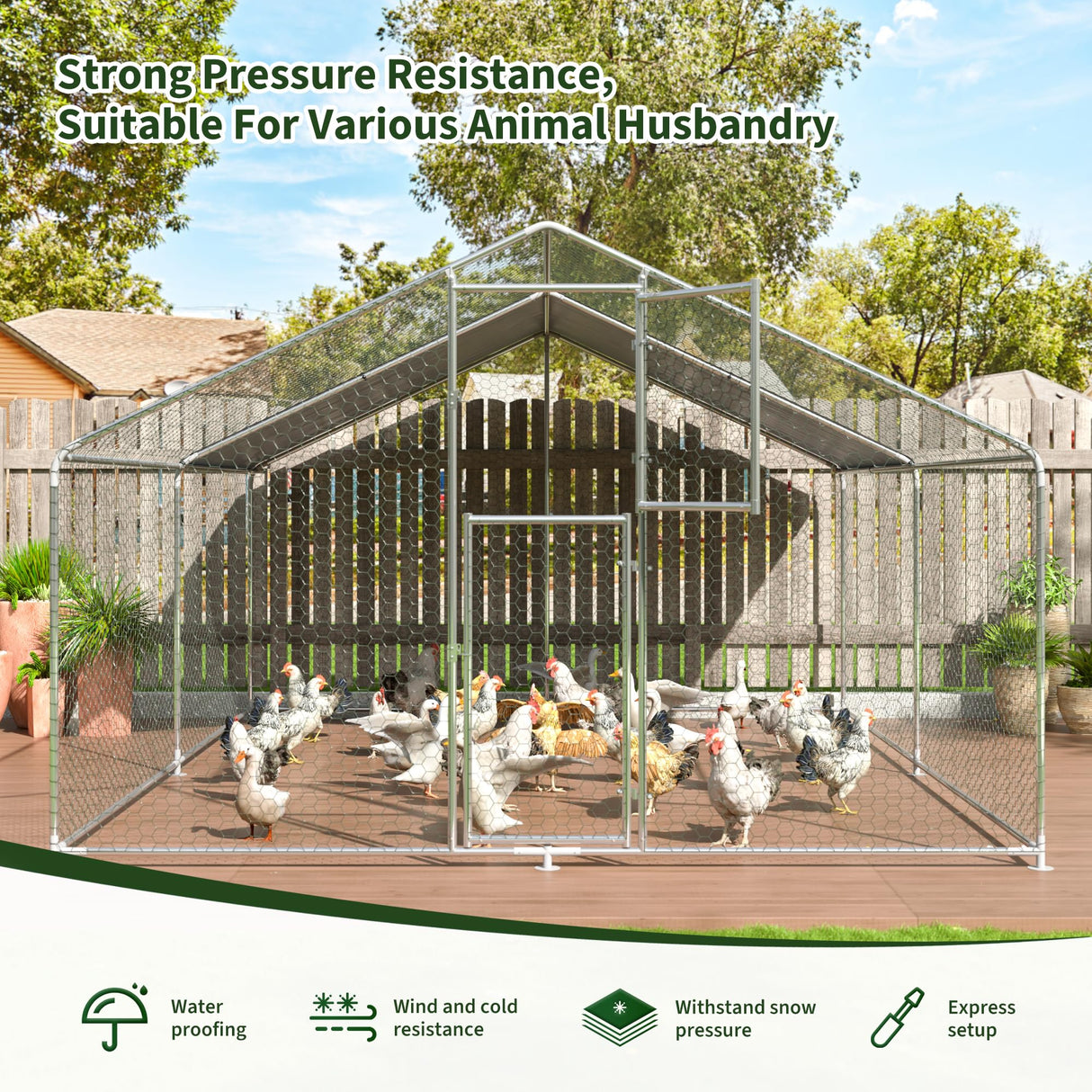 DAKITO Chicken Coop,Large Metal Chicken Run Pen,Walk in Chicken Coops for 10/40 Chickens,Double Door Chicken House with Waterproof & Anti-UV Cover for Backyard. (13.1x9.8x6.4 FT) DAKITO