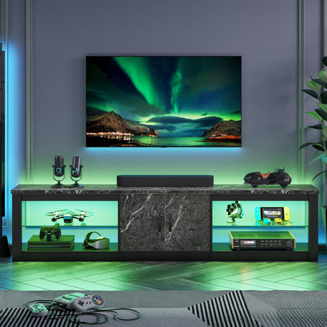 Bestier 80 Inch TV Stand for 75/85/86 inch TVs, LED Gaming Entertainment Center for PS5 with Storage Cabinet &Adjustable Glass Shelves, Modern TV Console Table for Living Room Bedroom, Black Marble Bestier