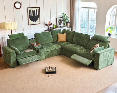 Bedeep Oversized Modular Sectional Sofa with Double Power Recliner, Cloud Reclining Couch with Headrest, Storage Drawer Charging Cup Holders, Deep L-Shaped 6 Seater with Corner, Chenille, Green Bedeep