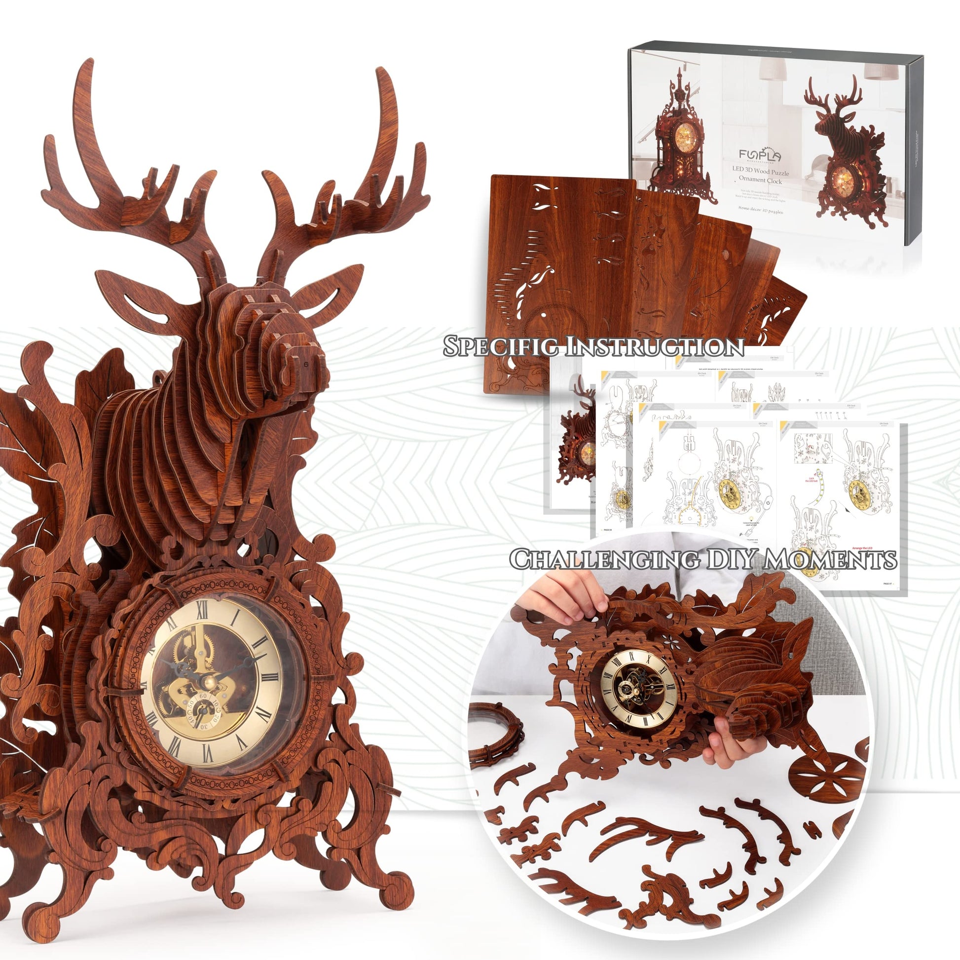 FUNPOLA LED 3D Wood Puzzle Deer Clock, 3D Wooden Puzzle Elk Clock Building Model, Home Décor 3D Wooden Puzzle for Adults/Teens (Wood, Yellow Light) - WoodArtSupply