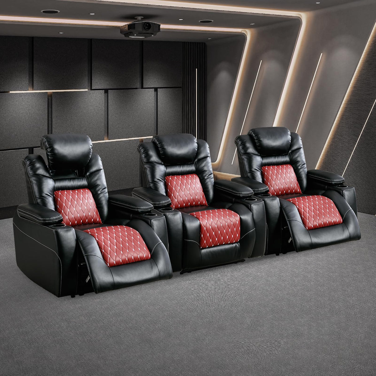 ANJ Power Recliner Chair with Adjustable Powered Headrest Set of 3,Electric Faux Leather Home Theater Seating Overstuffed Reclining Furniture & USB Ports, Cup Holders, Hidden Arm Storage (Black/Red) ANJ