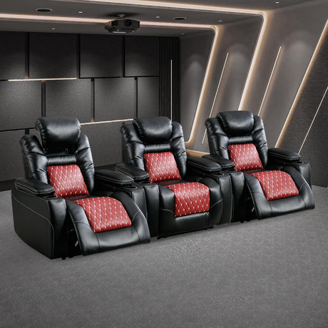 ANJ Power Recliner Chair with Adjustable Powered Headrest Set of 3,Electric Faux Leather Home Theater Seating Overstuffed Reclining Furniture & USB Ports, Cup Holders, Hidden Arm Storage (Black/Red) ANJ