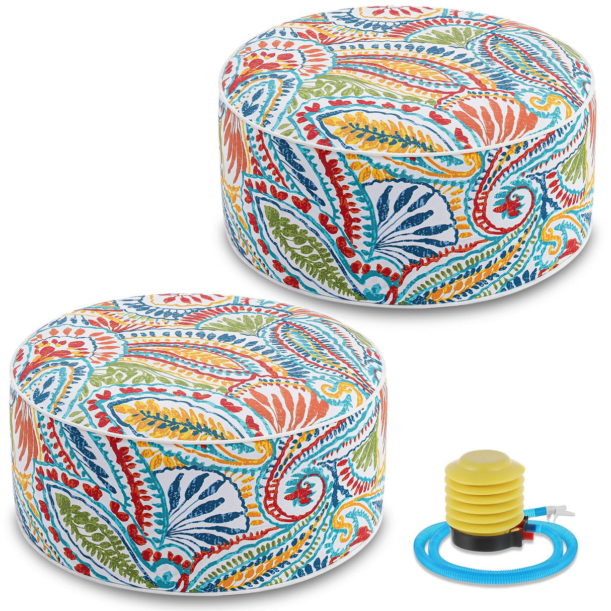 Juexica 2 Pack Outdoor/Indoor Inflatable Ottoman 21 x 9 Inch Paisley All Weather Round Footrest Stool with Handle Water Repellent Portable Footstool Pouf for Patio Garden Camping Home Deck Travel Juexica