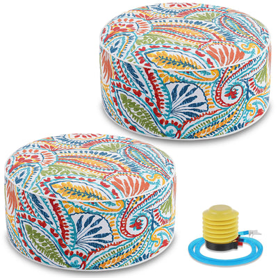 Juexica 2 Pack Outdoor/Indoor Inflatable Ottoman 21 x 9 Inch Paisley All Weather Round Footrest Stool with Handle Water Repellent Portable Footstool Pouf for Patio Garden Camping Home Deck Travel