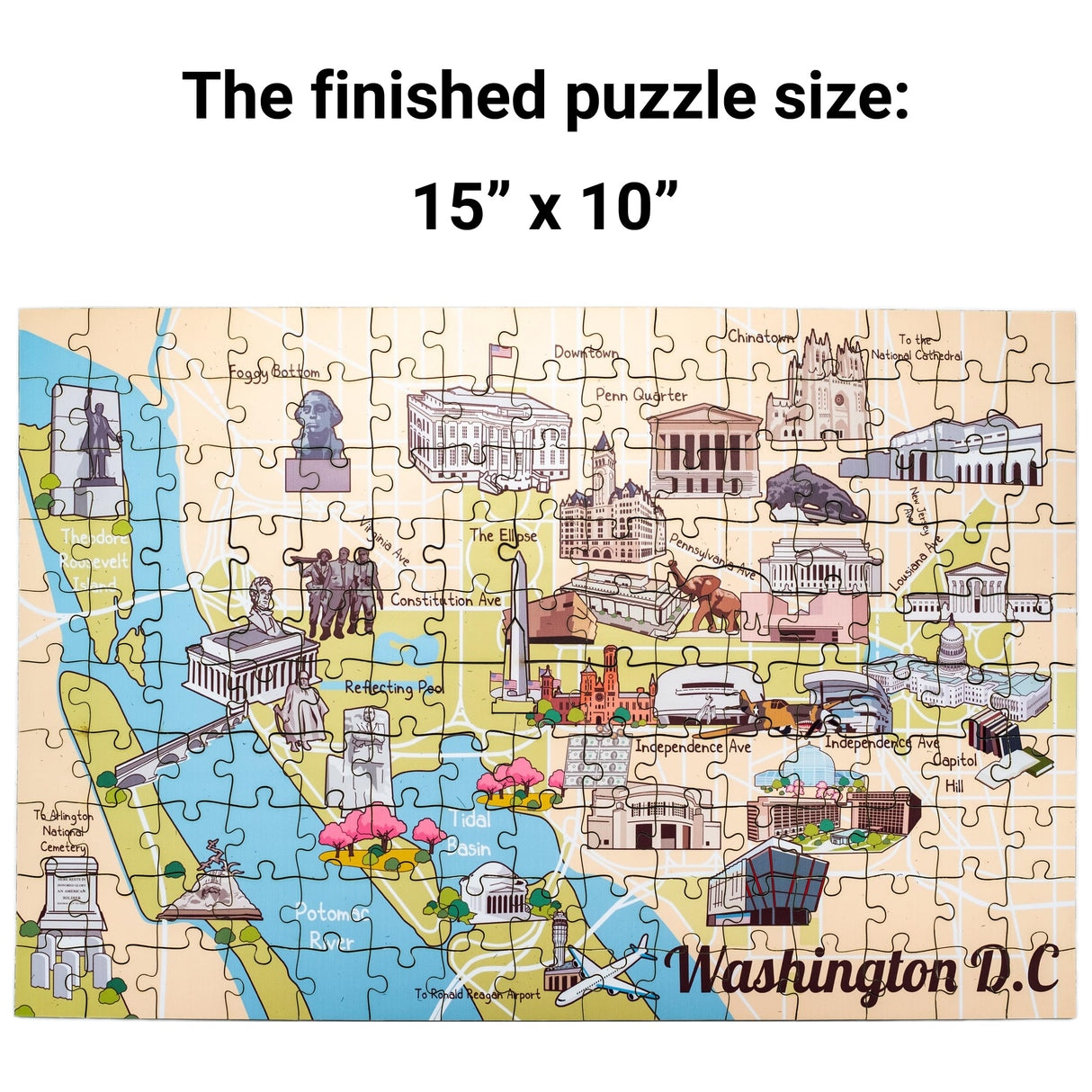 Terra Puzzles Washington DC Illustrated Map Wooden Jigsaw Puzzle - 152 Pieces | Educational Fun for Children & Adults Featuring Famous Landmarks Wood Puzzle Terra Puzzles