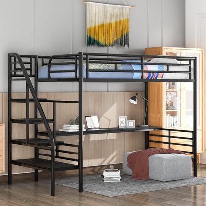 SOFTSEA Heavy Duty Twin Metal Loft Bed with Stairs and Integrated Desk - WoodArtSupply