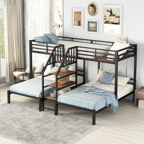 Metal Triple Bunk Bed with Storage Shelves Staircase, Twin Over Twin & Twin Bunk Bed with Safety Guardrail for Kids Teens Adults Bedroom and Dormitory. (Black#P) Brabrety