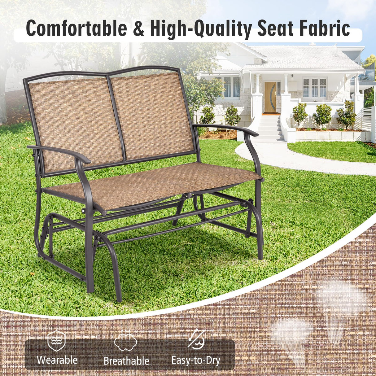 Tangkula 2-Person Patio Glider Bench, Outdoor Rocker Glider Loveseat Chair W/Heavy-Duty Steel Frame, Breathable Seat Fabric, Rocking Lounge Chair for Poolside, Garden, Backyard (Brown) Tangkula