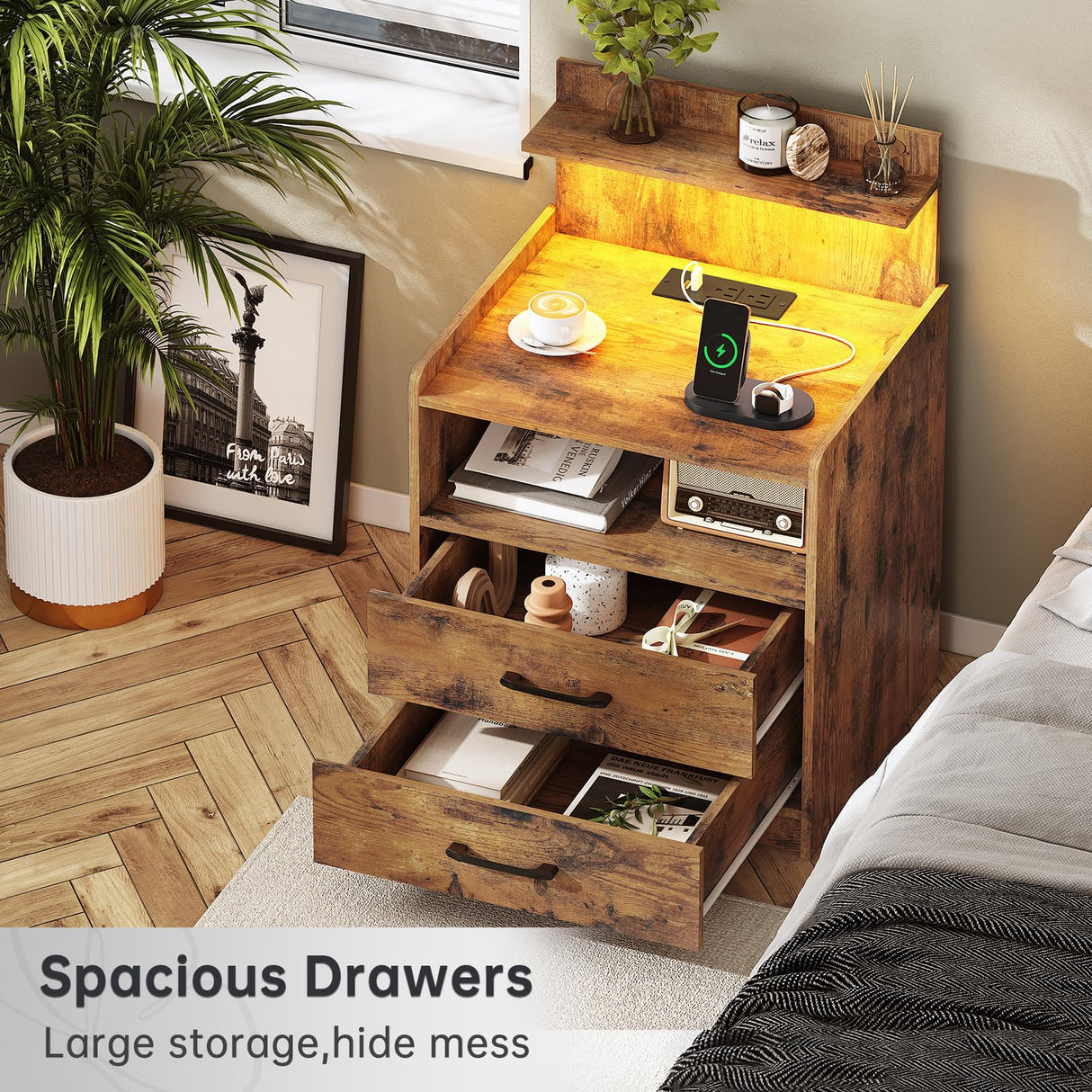 Night Stand, Nightstand with Charging Station, LED Bedside Table with Drawers and Storage Shelf, Modern Wood End Table Side Table for Bedroom, Rustic Brown MONECHO