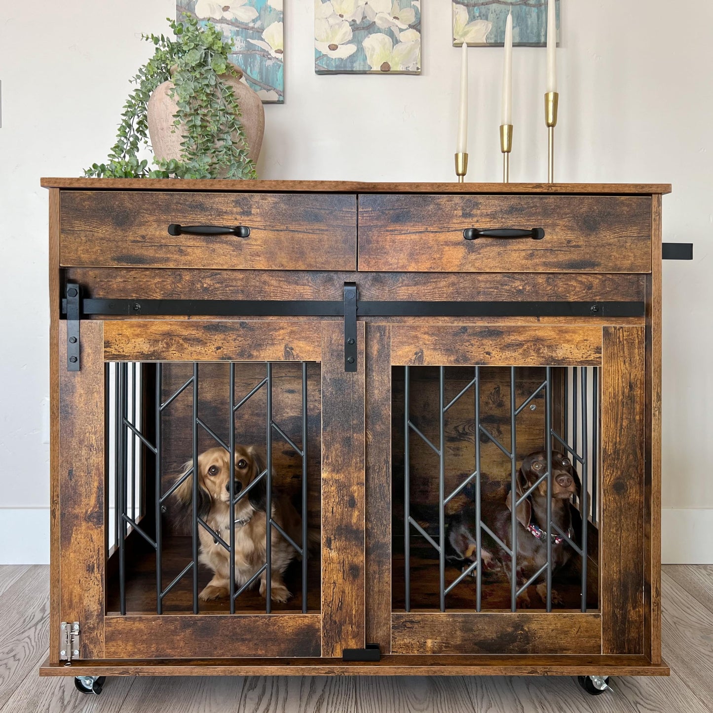 YITAHOME Dog Kennel Furniture for 2 Dogs, 39 inch Double Dog Crate with Storage Drawers, Indoor Wooden Dog House Heavy Duty for 2 Small Medium Dogs, Brown - WoodArtSupply