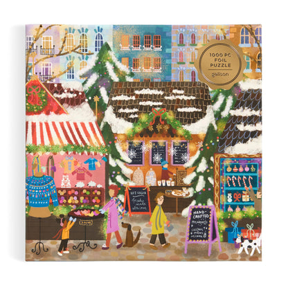 Galison Merry Market – 1000 Piece Foil Joy Laforme Jigsaw Puzzle Featuring Merry and Festive Outdoor Market for The Holidays with Gold Foil Accents