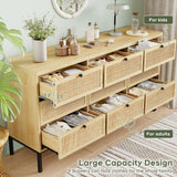 Yechen Natural Rattan 9 Drawer Dresser, 59" Wide Light Wood Chest of Drawers, Large Boho Oak Dressers with Smooth Metal Slides, Mid-century Dresser TV Stand Drawer Organizer for Bedroom Nursery Closet Yechen