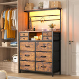 63" H Dresser for Bedroom with 10 Drawers, Fabric Dresser with Charging Station and LED Lights,Dressers & chests of Drawers with Open Shelves for Bedroom, Entryway, Rustic Brown EnHomee