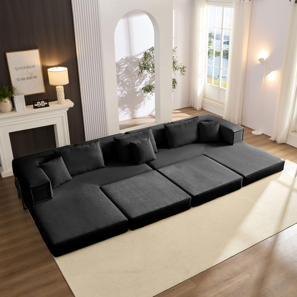 Boneless Sectional Couches for Living Room Furniture, 6-in-1 Convertible Oversized Sofa Bed, L Shaped Cloud Sectional Couch, Corduroy Upholstered Deep Seat Sofa, No Assembly (Black) SCZMWJ