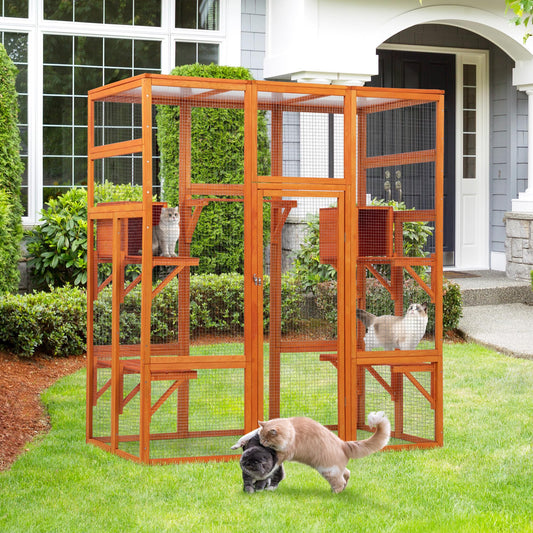 COZIWOW Large Wooden Cat Cage with Perche and Condo, Play Run Enclosure Indoor Kitty Window Kennel with Waterproof Roof, 7 Platforms & 2 Resting Box, 62.4" L x 32.4" W x 70" H, Deep Orange