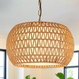 18" Rattan Farmhouse Chandeliers for Dining Room,3-Light Hand-Woven Rattan Chandelier,Farbic Shade Boho Chandelier Pendant Light fixture Drum Chandelier Hanging Lights for Bedroom Kitchen Island AyshwillDec