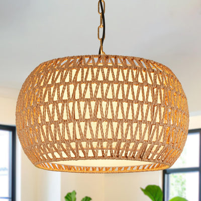 18" Rattan Farmhouse Chandeliers for Dining Room,3-Light Hand-Woven Rattan Chandelier,Farbic Shade Boho Chandelier Pendant Light fixture Drum Chandelier Hanging Lights for Bedroom Kitchen Island
