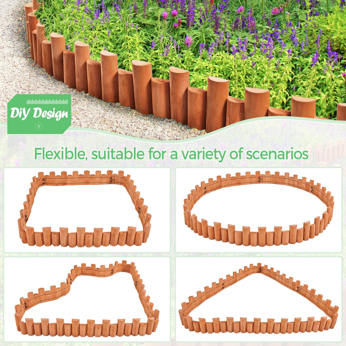 Yaheetech 18pcs Garden Wooden Short Fence,Outdoor Landscape Edging Flexible Decorative Border, No-Dig Wood Fences for Spring Yard Patio Pathway Lawns Courtyard Maintenance - 594in Yaheetech