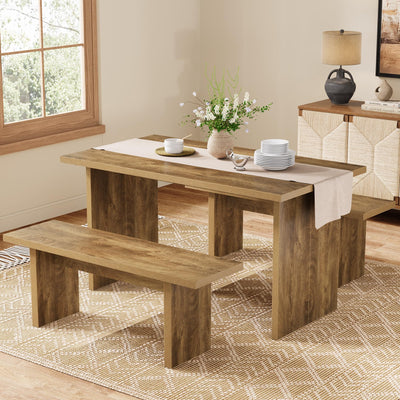Tribesigns 3 Pieces Dining Table Set with 2 Benches, 55" Farmhouse Kitchen Table Set for 4-6, Rectangular Wooden Heavy Duty Dinette for Kitchen, Dining Room, Brown