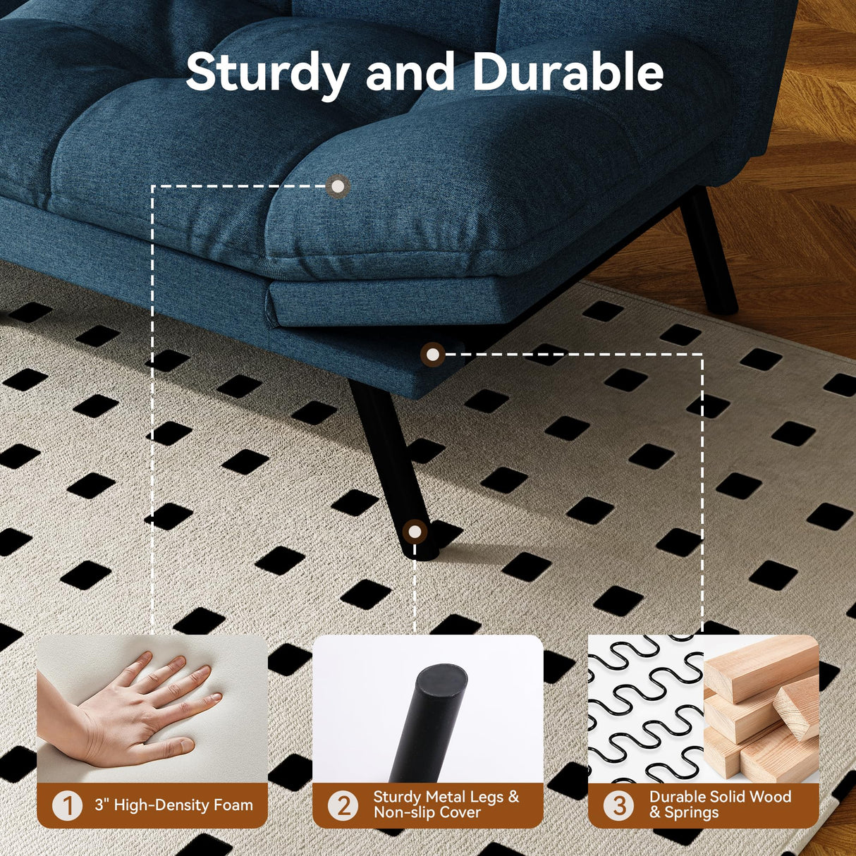 Vipbear Convertible Futon Sofa Bed, Blue Linen Futon Couch with Adjustable Backrest & Armrests, Folding Small Recliner Sleeper Sofa Bed for Living Room, Apartment, Office Vipbear