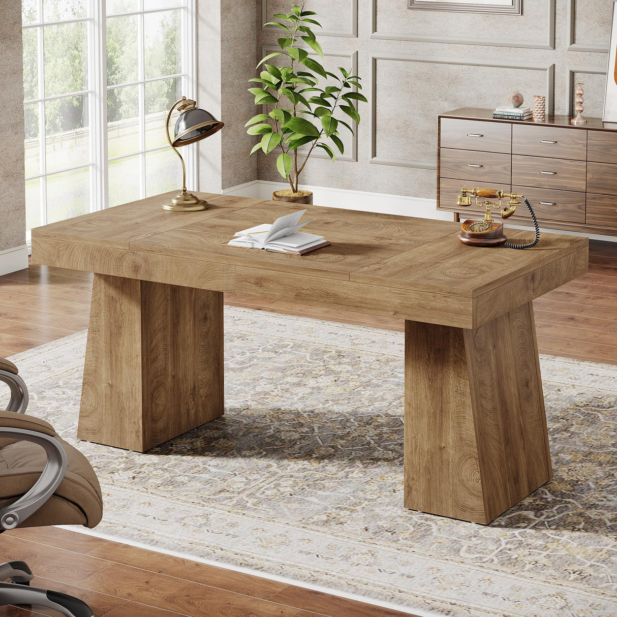 Tribesigns 55 Inches Executive Desk, Mid-Century Modern Home Office Desk, Wood Computer Table Business Workstation Small Conference Table, Light Brown Tribesigns