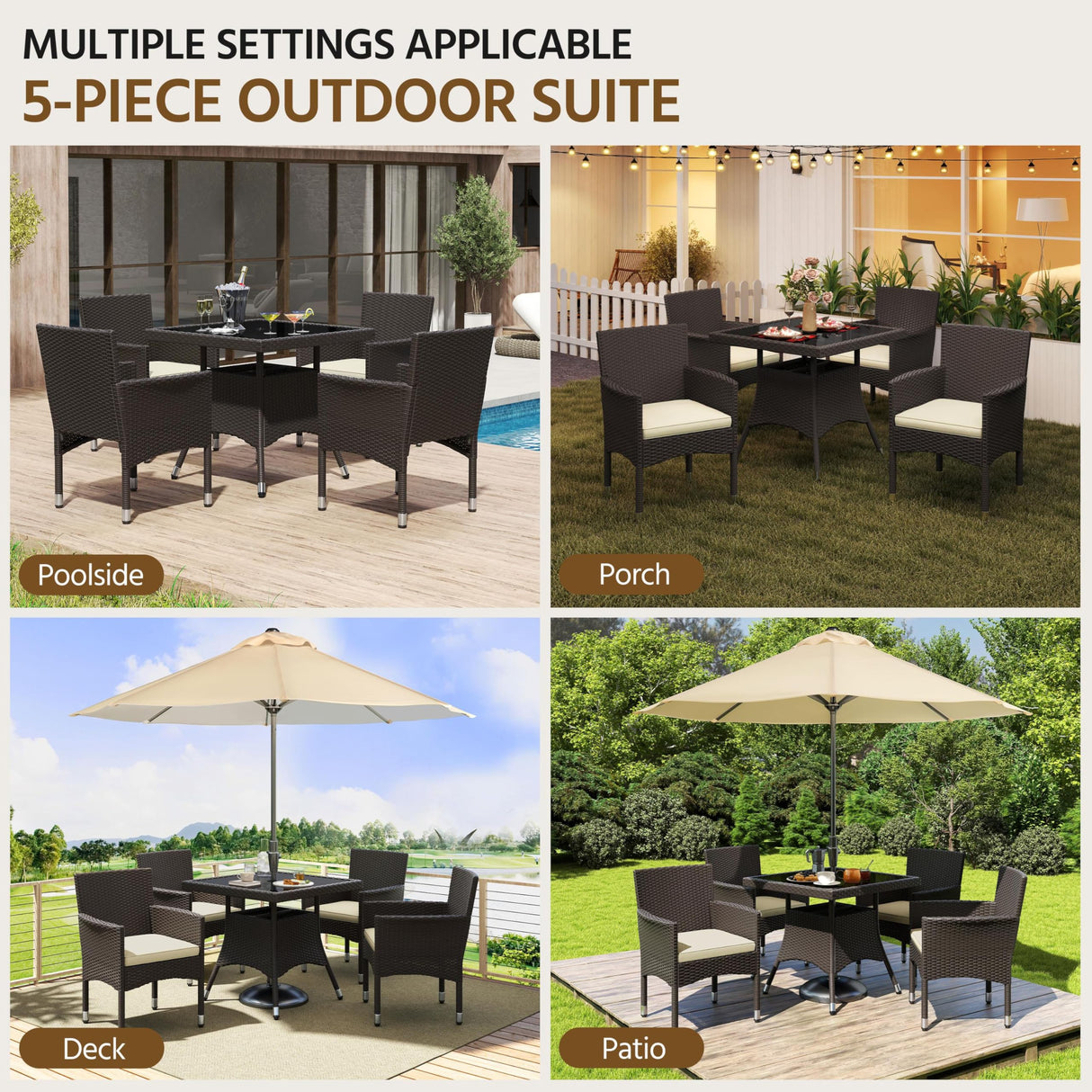 Yaheetech 5-Piece Patio Furniture Set, Outdoor Rattan 4 Dining Chairs & Tempered Glass Table with Umbrella Hole, for Garden Backyard Deck Balcony, Brown/Beige Yaheetech