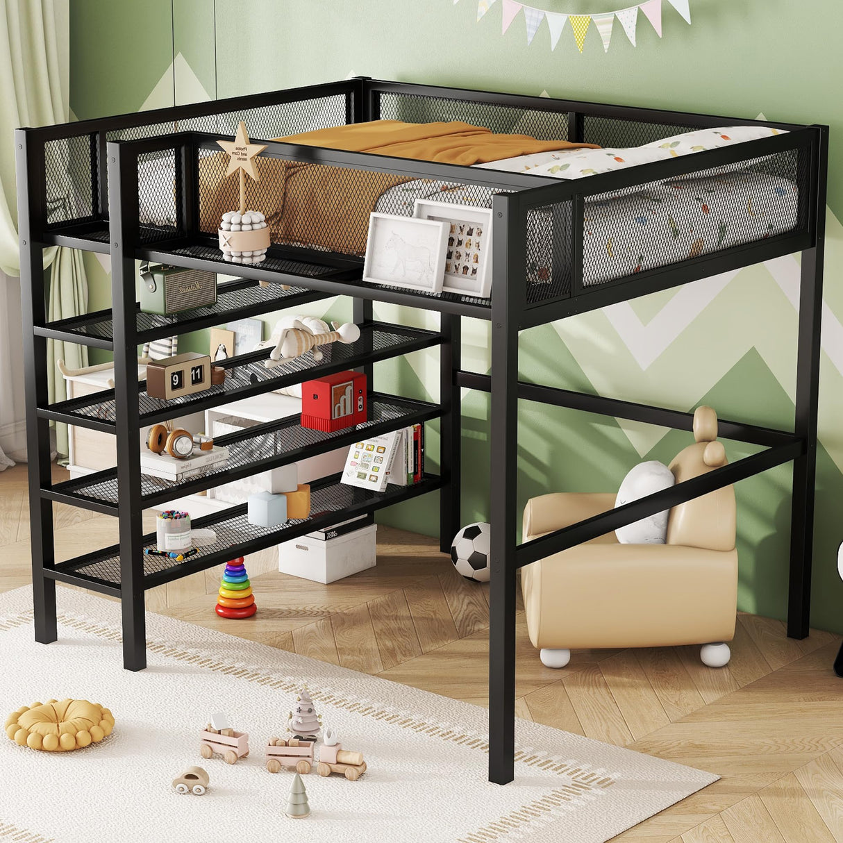 Bellemave Full Size Loft Bed with 4-Tier Shelves and Storage, Metal Loft Bed with Bookshelf, Full Size Loft Bed with Storage Stairs(with Bookshelf, Black) Bellemave