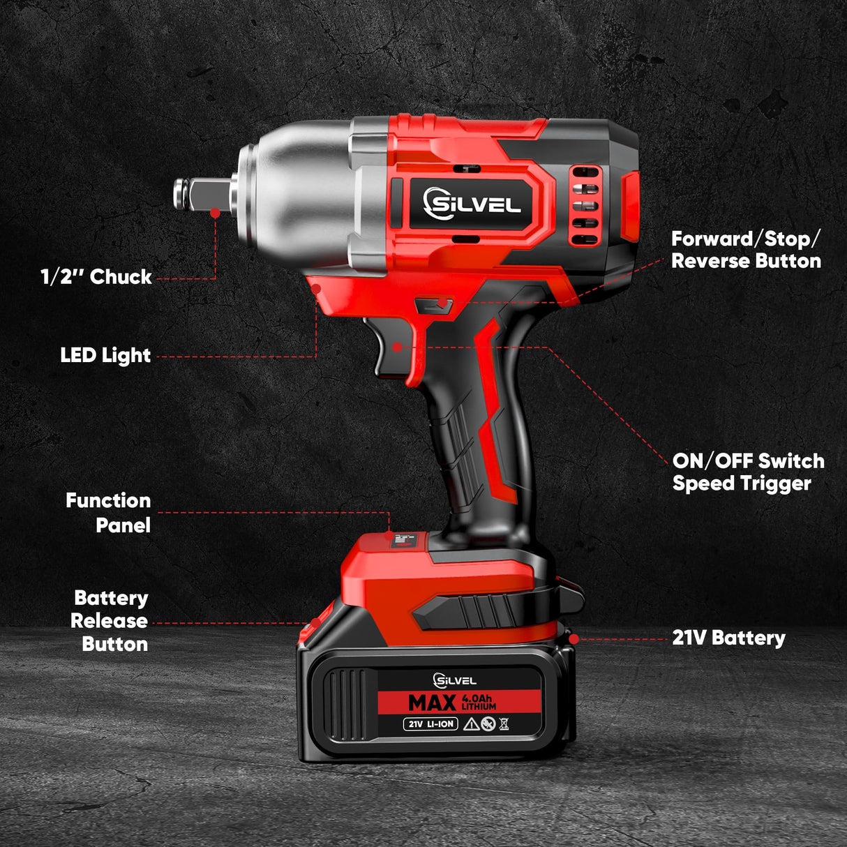 SILVEL Cordless Impact Wrench, MAX 650N.M Brushless Impact Gun 1/2 inch, 4.0Ah Battery, 6 Sockets, 3300RPM Impact Driver wih Fast Charger SILVEL