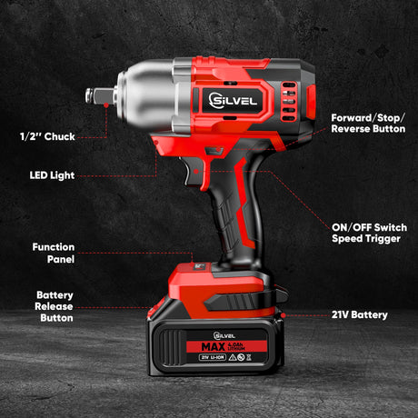 SILVEL Cordless Impact Wrench, MAX 650N.M Brushless Impact Gun 1/2 inch, 4.0Ah Battery, 6 Sockets, 3300RPM Impact Driver wih Fast Charger SILVEL