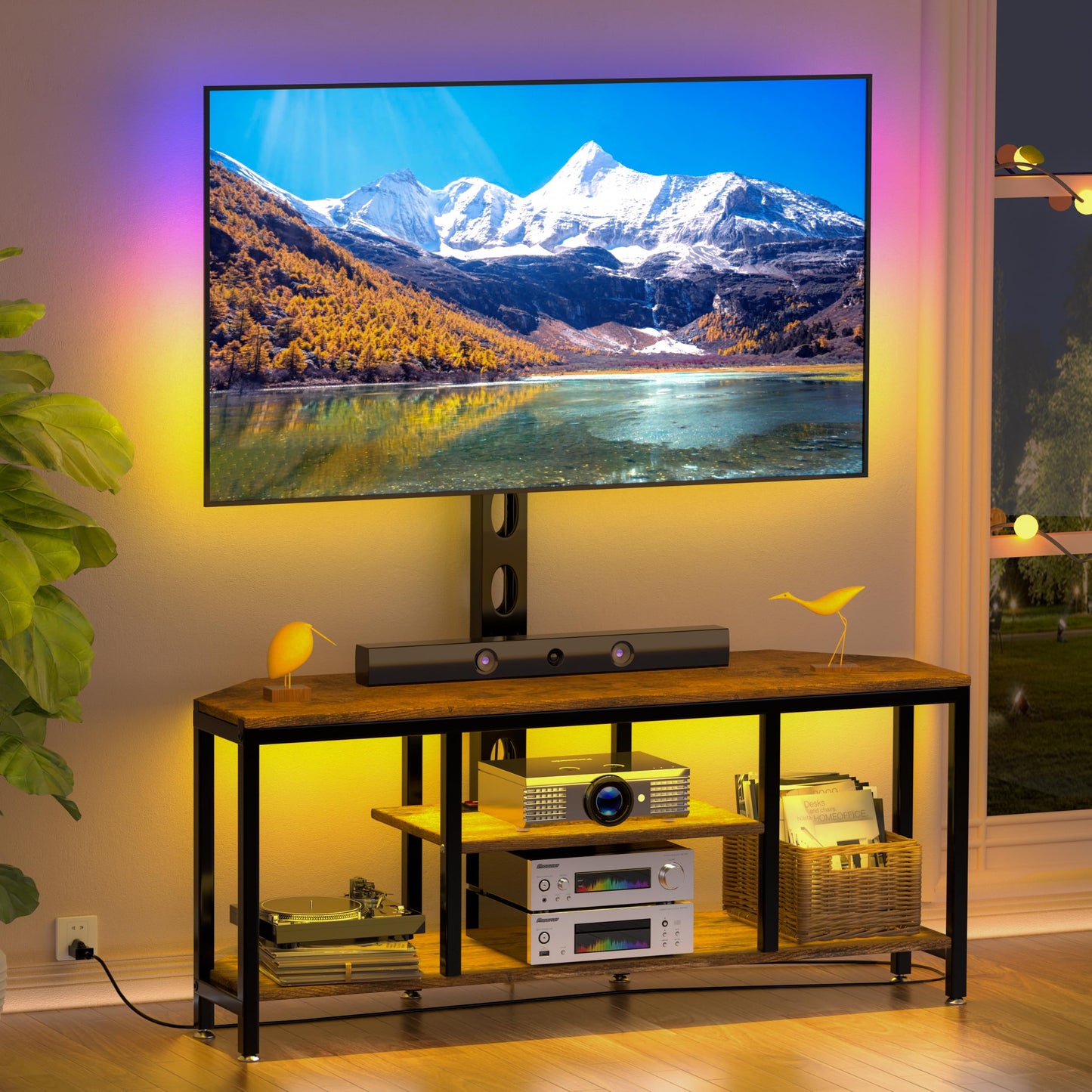 BACEKOLL TV Stand with Mount and LED Light, Corner TV Stand with Storage and Power Outlet, Swivel Television Stand Console for TV Up to 60", Entertainment Center for Living Room, Bedroom, Rustic Brown