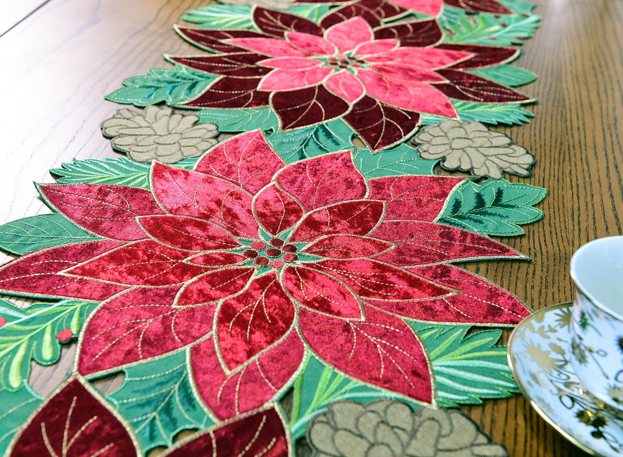 KEVA Holiday Christmas Table Runner 72 inches Long, Embroidered Red Velvet Poinsettia Cutwork Christmas Table Decorations for Home and Kitchen, Red Table Runner 13 Inch x 72Inch KEVA