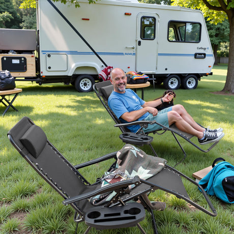 Greesum Zero Gravity Chairs Set of 2 Adjustable Steel Mesh Recliners Beach Deck Lawn Camping Patio Foldable Lounge Chair with Cup Holder Trays and Pillows,Dark Black Greesum
