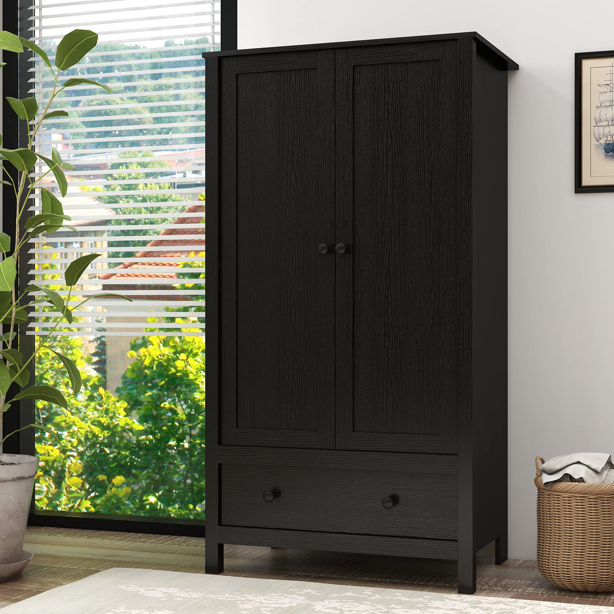 Panana 2 Door Wardrobe, Armoire with Drawer for Bedroom (Black) Panana