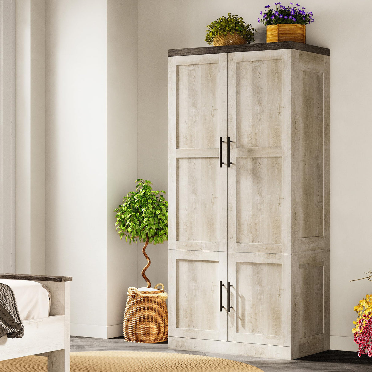 LIKIMIO Large Wardrobe Closet, Farmhouse Clothing Storage Cabinet with Hanging Rod and 2 Doors, Wooden Tall Bedroom Armoires with Storage Shelves, Rustic White LIKIMIO