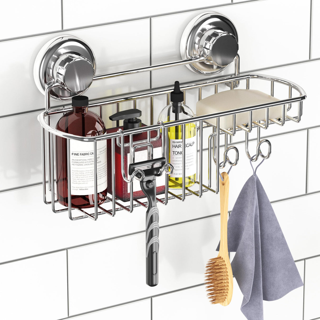 HASKO Suction Cup Shower Caddy Basket for Shampoo, Shower Suction Shelf Organizer, Basket with Soap Holder and Hooks, Stainless Steel Shampoo Holder for Bathroom Storage (Chrome) HASKO accessories
